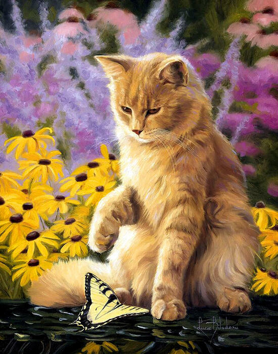 Картина по номерам 40x50 Рыжий котик играет с желтой бабочкой
