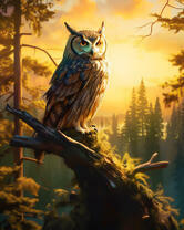 Филин на ветви на фоне осеннего леса