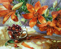 Оранжевые лилии и чашка с вишнями