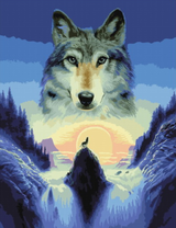 Серый волк у водопада лунной ночью