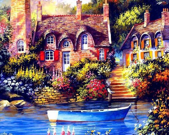 Картина по номерам 40x50 Красивые домики у реки