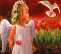 Ангелочек среди цветущих тюльпанов